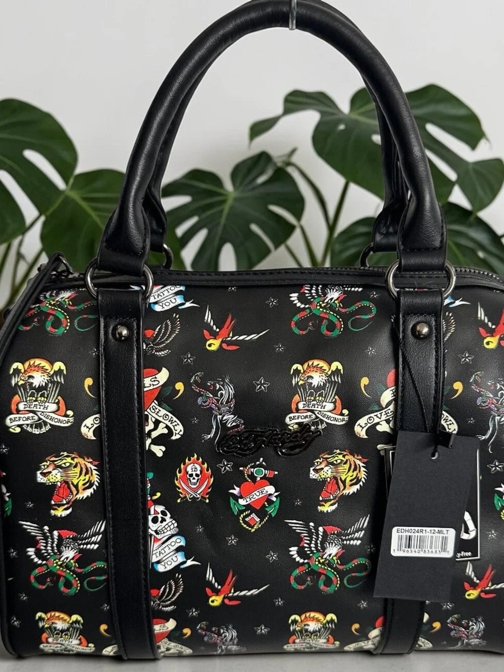 Ed Hardy BLACK AOP TATTOO Graphics JOSIE SATCHEL CROSSBODY HAND BAG Y2K